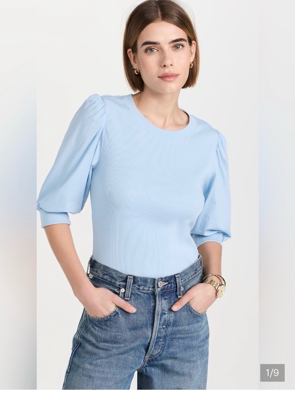 Veronica Beard Pale Blue Puff-Sleeve Tee